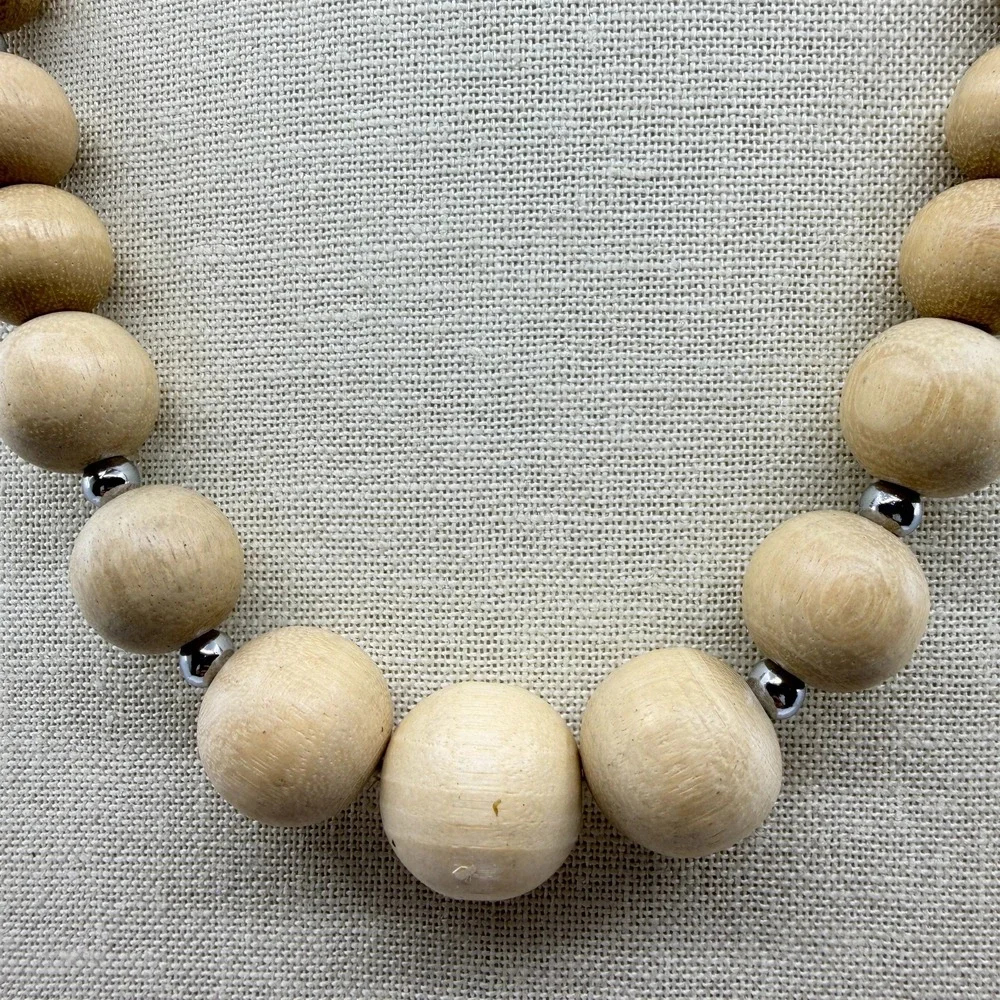 Natural Wood Bead Necklace Silver Tone Spacers Chunky Boho Statement Jewelry